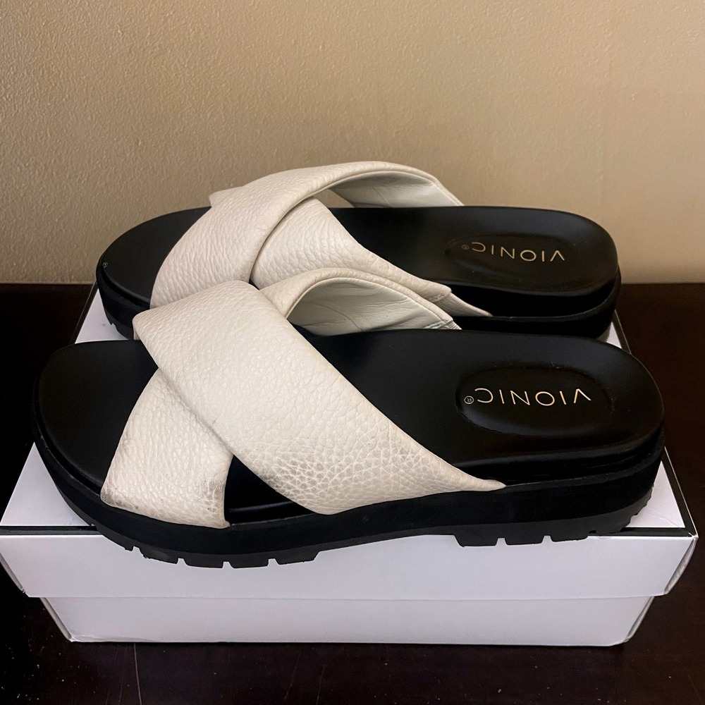 Vionic Vesta White Pebbled Leather Crisscross Platform Slide Sandals Women 8